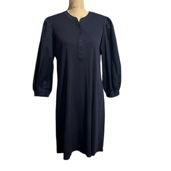 Chico’s Classic Navy Blue Ribbed Body Bow Sleeve Henley Dress Brand New